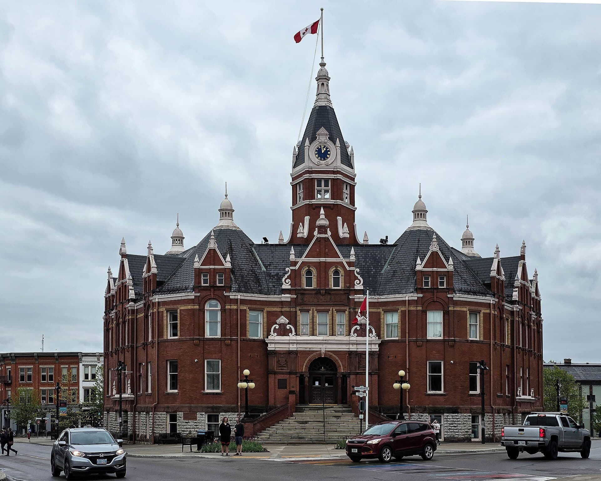 Stratford City Hall's Victorian clock tower and red-brick turrets over Market Square